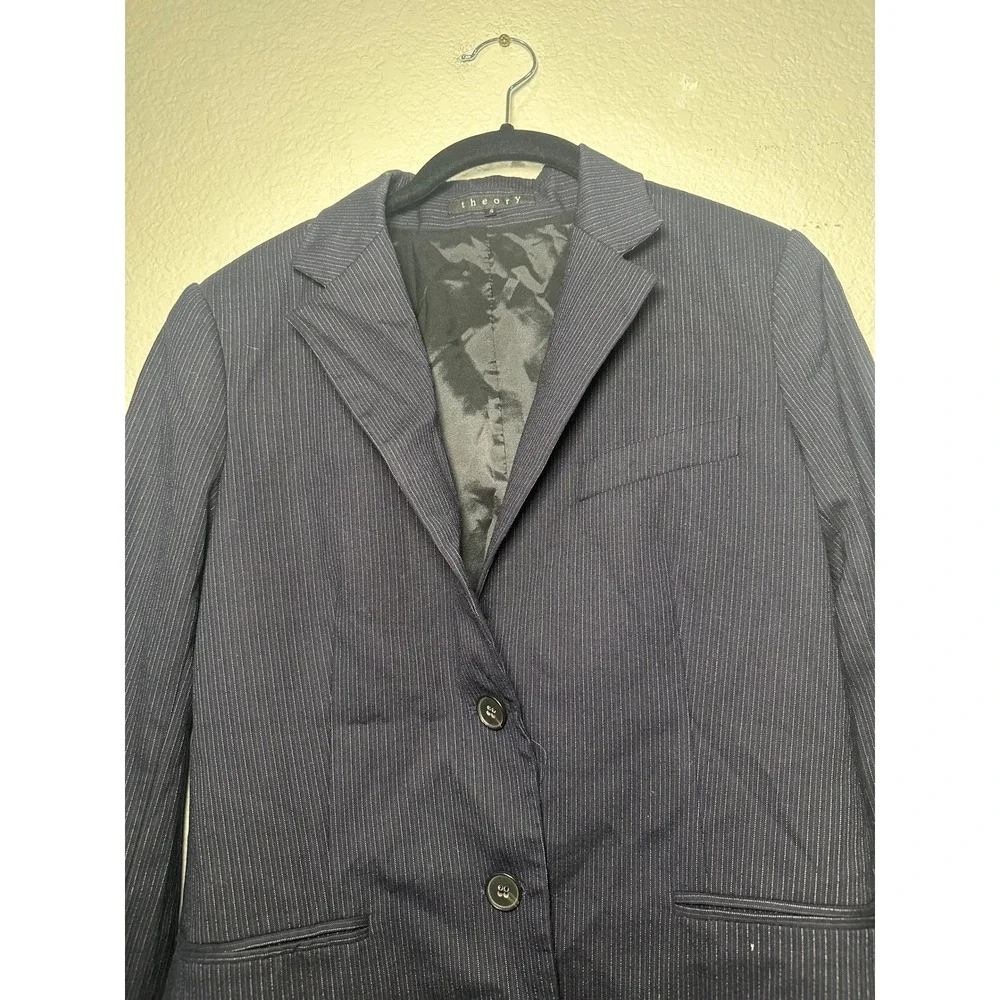 Theory Womens Navy Pinstripe Wool Blend Two Button Blazer Jacket Size 6